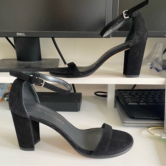 Stuart Weitzman NearlyNude Black Suede Heels Ankle Strap 7.5 3.25” heel - Picture 2 of 7